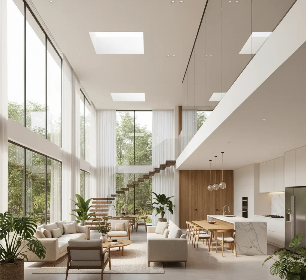 Open plan living and dining area with sunlight